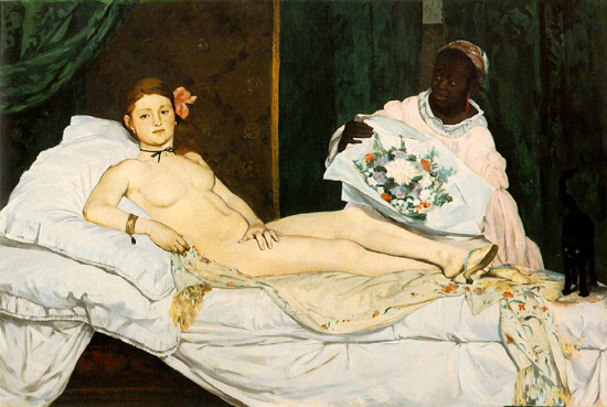 Edouard Manet's "Olympia" - a nude reclines on a couch while her maid offers her flowers
