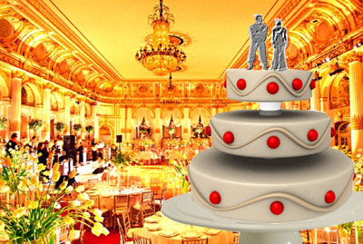 Luxurious grand ballroom with modern wedding cake